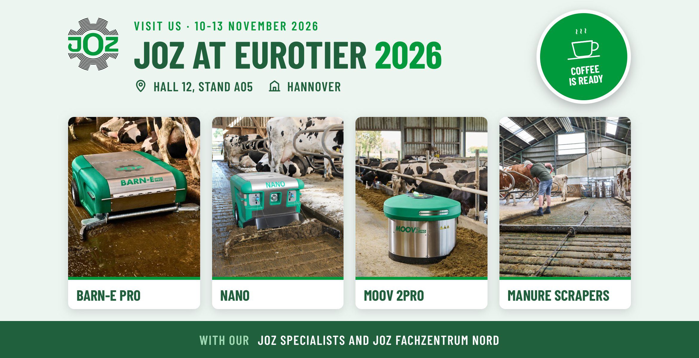 JOZ at EuroTier 2026, Hall 12, stand A05 in Hannover, with Barn-E PRO, Nano, Moov 2PRO and manure scrapers