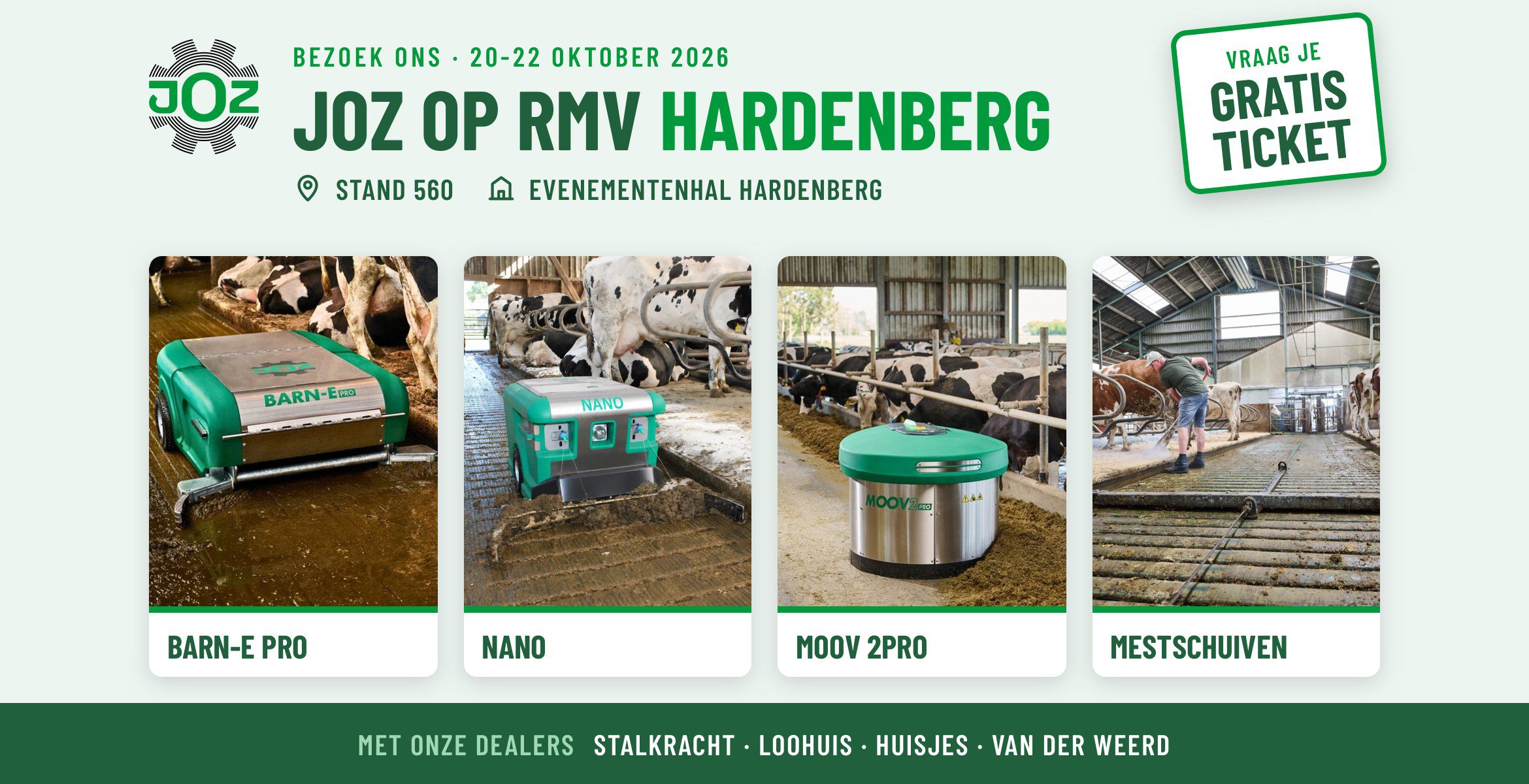 JOZ op RMV Hardenberg 2026, stand 560, met Barn-E PRO, Nano, Moov 2PRO en mestschuiven